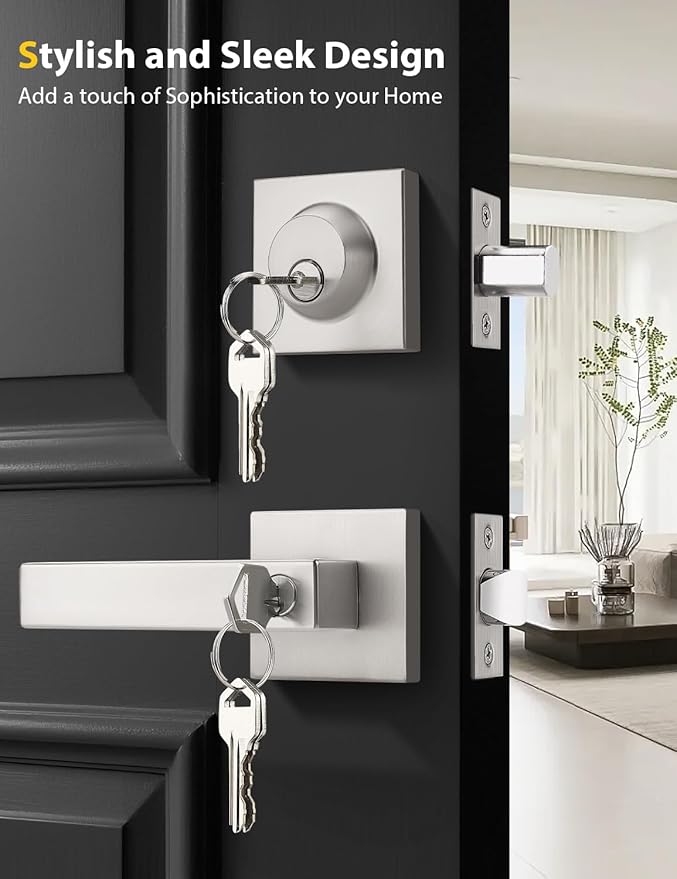 5 Pack Brushed Nickel Keyed Alike Front/Exterior Door Levers with Single Cylinder Deadbolt, Square Entry Door Knob Lock Sets with Deadbolt Combination Sets, for Entrance/Front and Office Doors