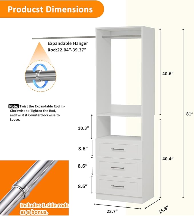 Closet System, Small Modular Closet Organizer System with 3 Drawers and Shelves, Expandable 2 Hanging Rod, Custom Closet Organization System for Walk-in Closet, White (2FT)