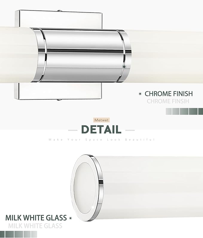 Bathroom Light Fixtures, 2-Light Vanity Lights for Mirror with Milk Glass Shade, Chrome Up and Down Wall Sconces for Bathroom Bedroom Hallway, VL834-CH-ML