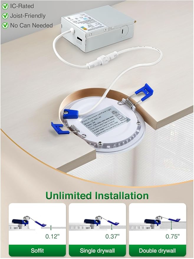 zouzai 6 Inch 5CCT Ultra-Thin LED Recessed Ceiling Light with Junction Box, 2700K/3000K/3500K/4000K/5000K Selectable, 12W Eqv 110W,Dimmable, led can Lights- ETL and Energy Star Certified【 6 Pack 】