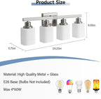 4-Light Bathroom Vanity Light,Brushed Nickel Vanity Lights with Square Frosted Glass,Modern Bathroom Wall Lights Fixtures Over Mirror,Wall Sconces Lighting for Bedroom Living Room,E26