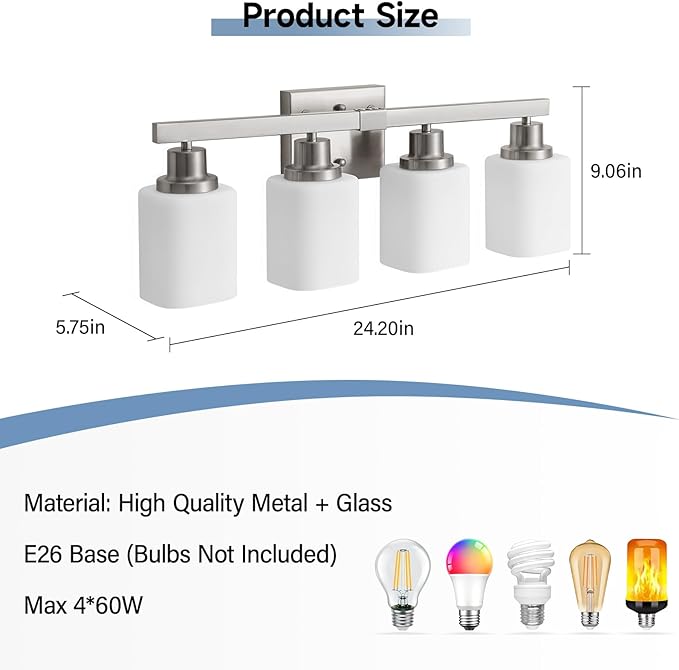 4-Light Bathroom Vanity Light,Brushed Nickel Vanity Lights with Square Frosted Glass,Modern Bathroom Wall Lights Fixtures Over Mirror,Wall Sconces Lighting for Bedroom Living Room,E26