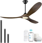 52 Inch Smart Ceiling Fan with Lights, Outdoor Ceiling Fans for Patios Damp Rated, 3 Blades Propeller Walnut Wood Farmhouse Ceiling Fan, Large Airflow DC Ceiling Fan with Remote/APP/Alexa Control