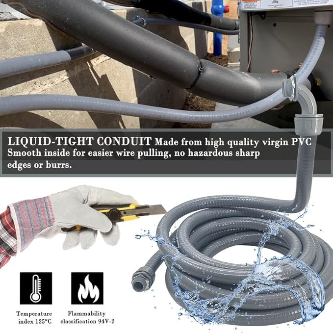 3/4 inch 100Ft Liquid-Tight Conduit Kit, Flexible Non Metallic Electrical Conduit, with 6 Straight and 5 Angle Fittings Included. 3/4" Dia
