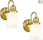 Modern Wall Sconces Set of Two, HWH Brushed Gold Bathroom Vanity Light, Antique Brass Wall Light Fixtures with Frosted White Bell-Shaped Glass, 5HZG106B-2 BG