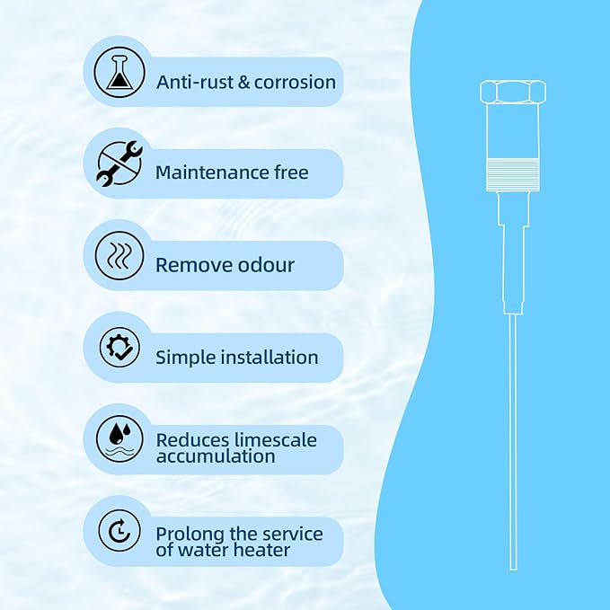 Powered Anode Rod for Water Heater Gallon Tank, Electrical Anode Rod, Eliminates Rotten Egg Smell (10-59 gallon tank)