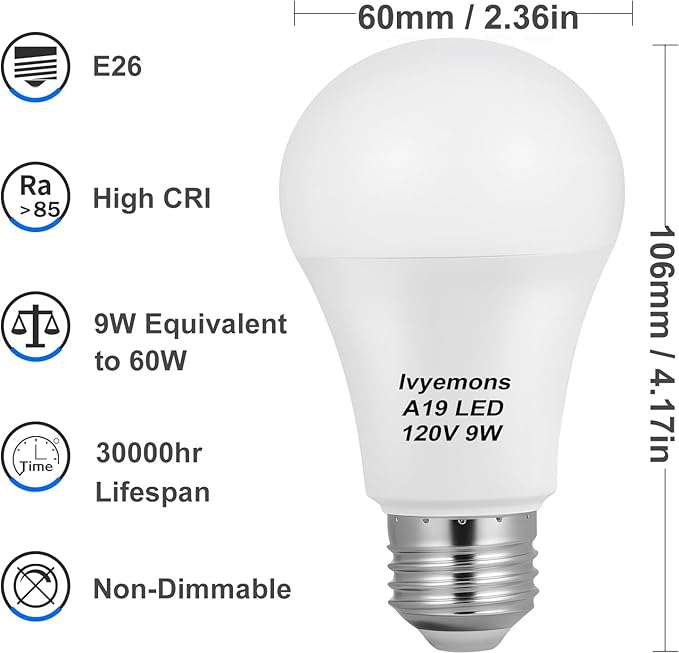 A19 LED Light Bulb 3000K Warm White, 6 Pack high Output A19 LED Bulb Soft White 800LM 120V 9W, Equivalent 60W, No Flicker E26 Base, Non-Dimmable A19 E26 LED Bulb Long Lasting for 25 Years.