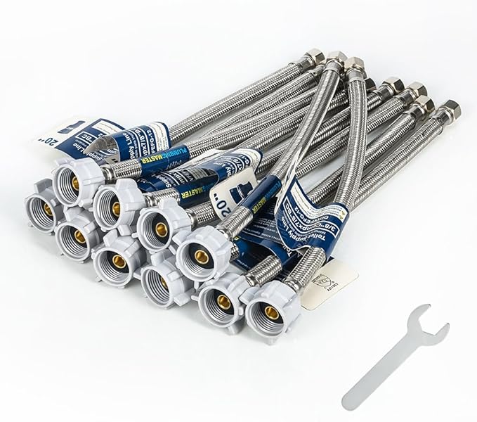 (10pcs 20 inch) PLUMBINGMASTER Toilet Water Supply Line,3/8" Comp x 7/8" BC Braided Stainless Steel Toilet Supply Line,Toilet Connector Hose with Anti-Leaking Brass Nut