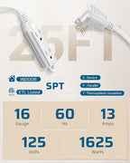 DEWENWILS 3 Outlet Extension Cord with Flat Plug, 25 FT 16/3 Awg Grounded Power Cable for Indoor Use, SPT-3 Cord, White, ETL Listed, 1 Pack