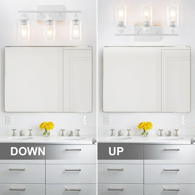 3 Light White Bathroom Light Fixtures Vanity Light Over Mirror Modern Wall Lighting Sconces Rustic Industrial Wall Lamp for Bathroom, Bedroom, Living Room E26 Socket with Glass Shade