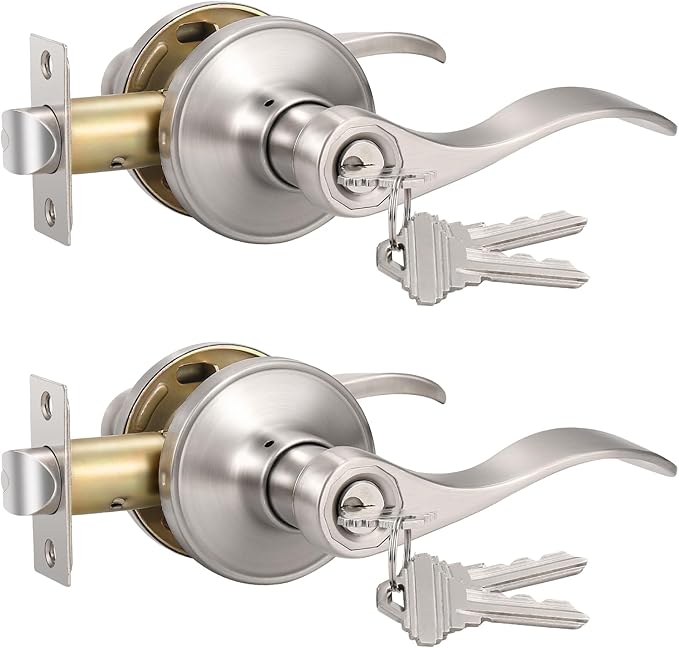 Knobonly 2 Pack Keyed Alike Bathroom/Bedroom Door Lock, Satin Nickel Front Door Handle, Exterior Door Handle, Same Key for Each Pack, Zinc Alloy