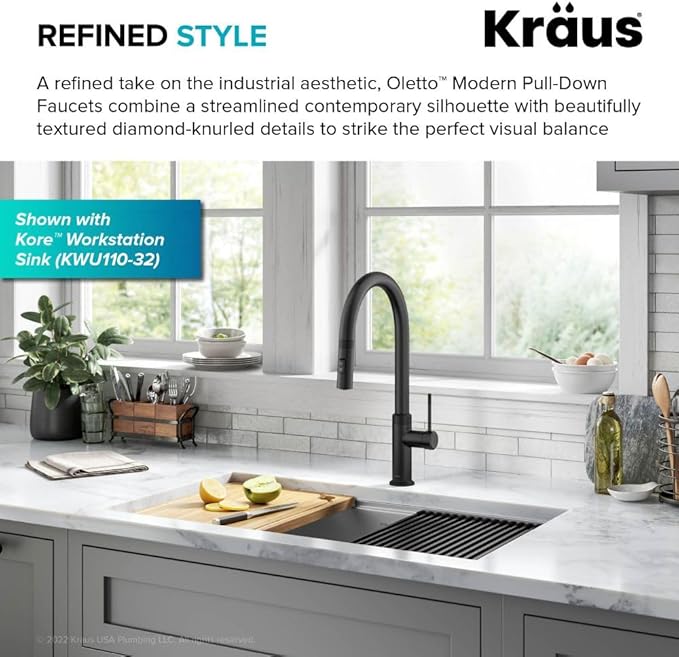 KRAUS Oletto Modern Industrial Pull-Down Single Handle Kitchen Faucet in Matte Black, KPF-2654MB