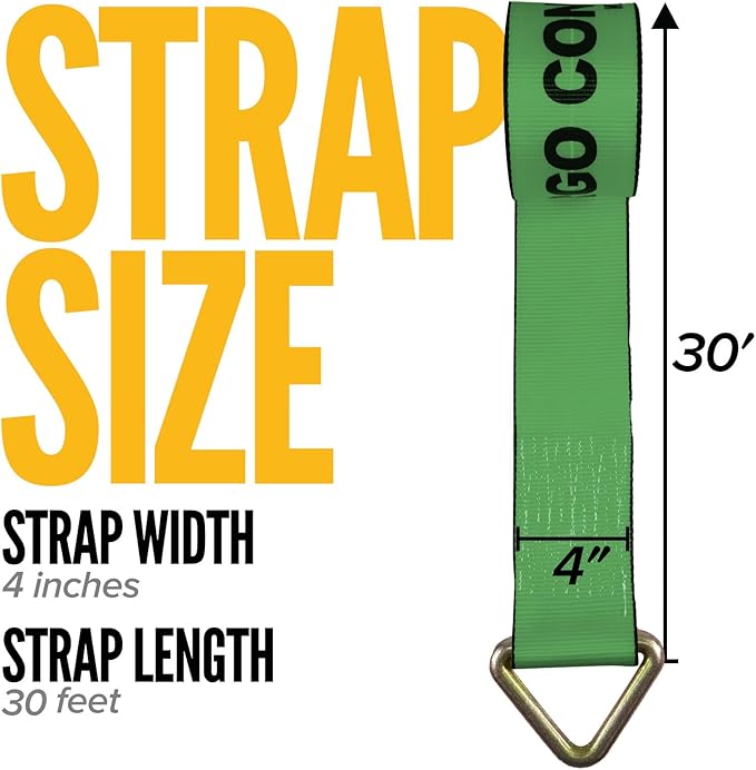 US Cargo Control 4" x 30' Winch Straps with D-Rings (2-Pack), 5,400 LBS Working Load Limit, Heavy Duty Flatbed Tie Downs, Green 4 Inch Straps for Flatbed Trailers, Trucks, and Cargo Securement