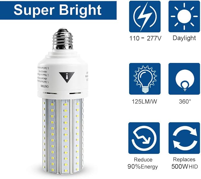 Mafuken 500W Equivalent LED Corn Light Bulb 7500 Lumen Led Bulbs 60W Super Bright 5000K Cool Daylight White E26/E27 Medium Base for Outdoor Indoor Workshop Garage Warehouse Factory Backyard… (A)