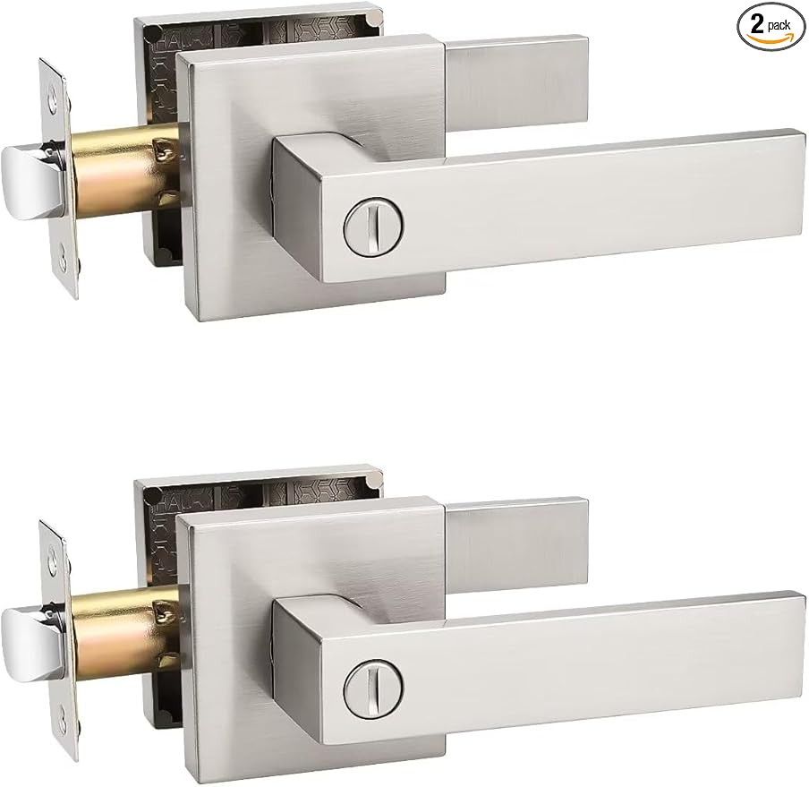 2 Pack Privacy Square Brushed Nickel Door Handle Interior, Keyless Door Knob for Bedroom/Bathroom, Reversible for Left Right Handed Doors