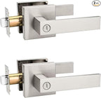 2 Pack Privacy Square Brushed Nickel Door Handle Interior, Keyless Door Knob for Bedroom/Bathroom, Reversible for Left Right Handed Doors