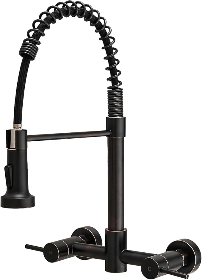 AIMADI Oil Rubbed Bronze Kitchen Faucet Wall Mount 8 Inch Center,Commercial Spring Kitchen Sink Faucet with Pull Down Sprayer,Dual Handle Farmhouse Contemporary