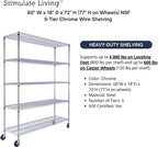 60"x18"x72" PRIME HEAVY DUTY Chrome 5-Tier Wire Shelving 4000 LBS MAX Capacity Storage Rack for Commercial, School, Home, Garage, Warehouse, Industrial, and Hospital Uses (with Wheels)