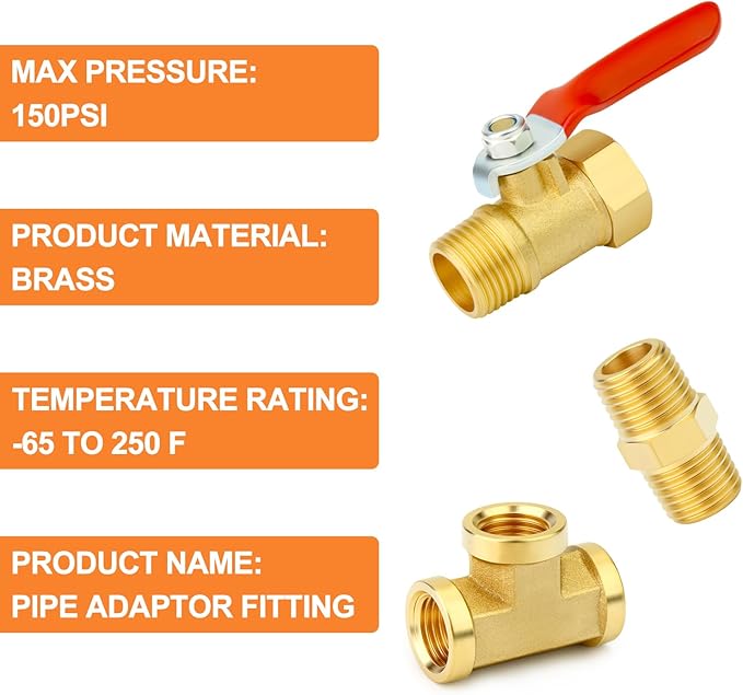 GASHER 6PCS 3/8 Inch NPT Brass Pipe Fitting, Ball Valve, Barstock Tee Brass Pipe Fitting and Air Hose Fitings