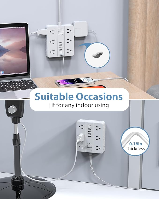 Power Strip Flat Plug with 12 Outlets 6 USB(2 USB C),SMNICE Surge Protector Charging Station with Overload Protection,5ft Extension Cord Widely Spaced Multiple Outlets for Home Office Dorm Essentials