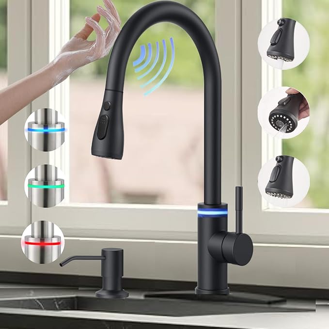 Smart Kitchen Faucet, 3 Modes Pull Down Sprayer, Touch On Sensor Activated, LED Temperature Control, 360-Degree Rotation, 1 or 3 Hole Deck Plate. 10-Year Warranty. (KW-70R, Matt Black)