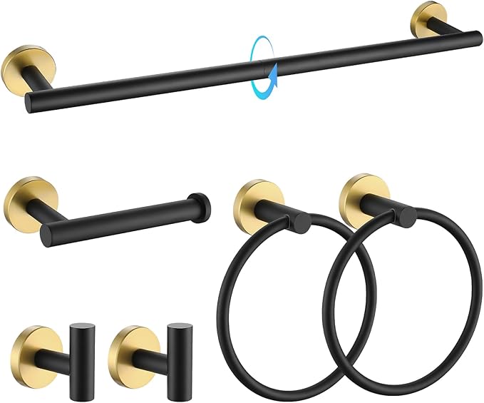 TQKAG Black and Gold Bathroom Hardware Set 6-Piece Bathroom Accessory Set 23.6 Inch Round Stainless Steel Towel Bar Set Wall Mounted