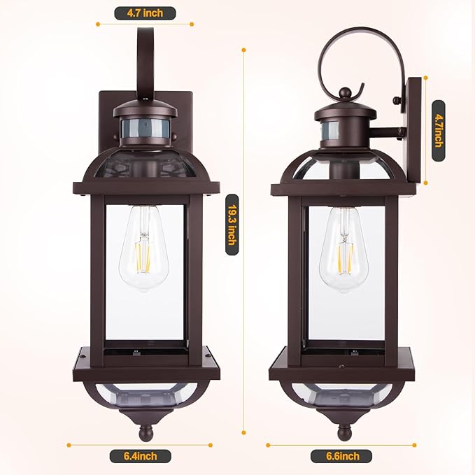 Motion Sensor Outdoor Lights Dusk to Dawn, 19 Inch Enclosed Bottom Anti-Rust Aluminum Oil Rubbed Bronze Porch Lighting Large Exterior Light Fixtures 2 Pack Outdoor Coach Lights for House