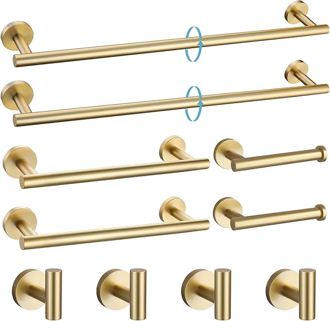 TURS Brushed Gold 10 Pieces Bathroom Hardware Set, SUS304 Stainless Steel 24 Inch Bath Towel Bar Set, Round Bathroom Accessories Kit Wall Mounted