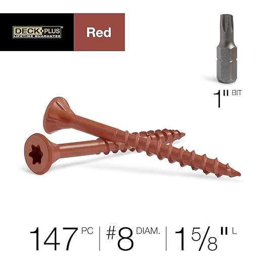 Deck Plus 1-5/8 Inch Epoxy Coated Exterior Wood and Fence Screws #8 x 1-5/8" Torx/Star Drive Included Coarse Thread, Outdoor Rust Resistant Decking Screw, Red, 1lb Box, 147 Pieces | 48425