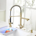 Fapully Commercial Kitchen Faucets with Pull Down Sprayer Brushed Gold LED Single Handle Faucet for Kitchen Sink, Kitchen Faucet with Soap Dispenser and Deck Plack for 4 Hole