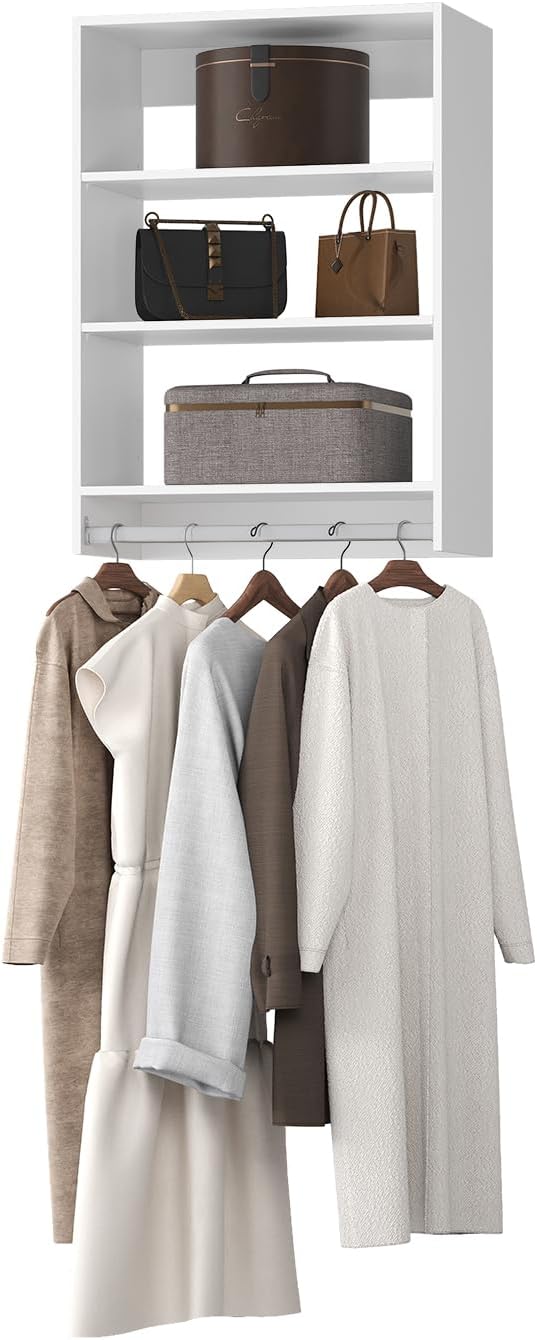 Medium Double Hanging Closet Unit, Modular Closet System, Wood Closet System Organizer with Storage for Walk In Closets, Clothing Rack Closet for Hanging Clothes, Bedroom, White, 28.5"W