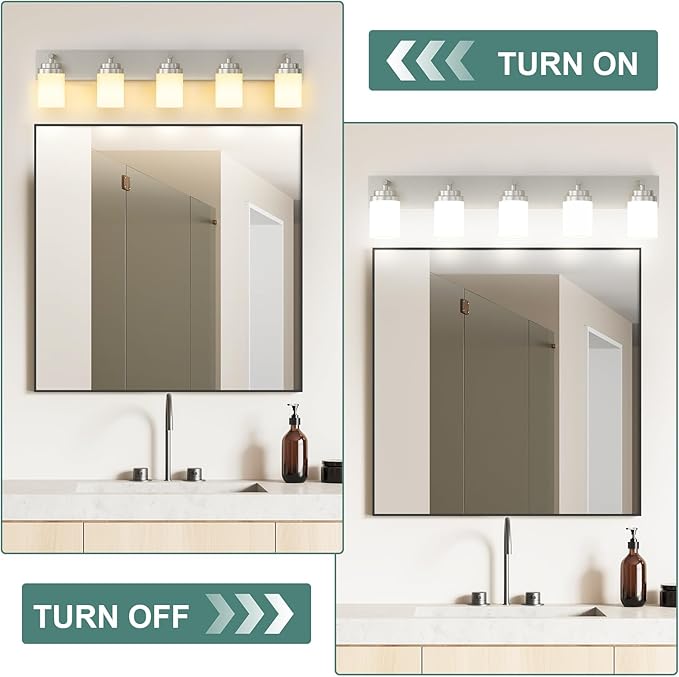 IZORRO Bathroom Vanity Light Fixture, 5-Light 36 Inch Brushed Nickel Bathroom Light Fixtures Over Mirror, with White Glass Shade, Modern Farmhouse Vanity Lights, Rustic Restroom Lighting Fixtures