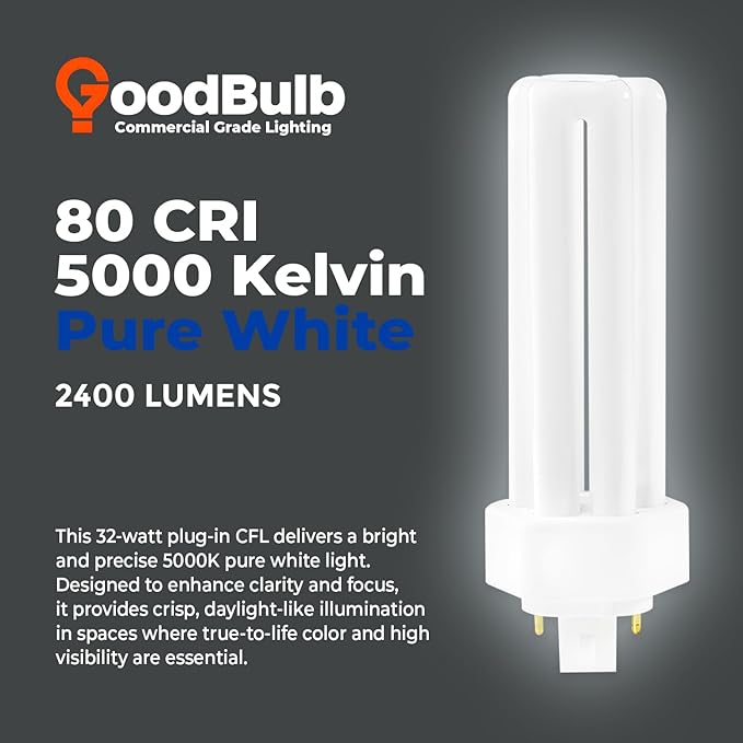 GoodBulb 32 Watt CFL Light Bulbs 4 Pin GX24Q-3 Base 5000K Daylight 32W High Output 2400 Lumens Triple Tube Compact Fluorescent Light Bulbs Plug-in 10 Pack