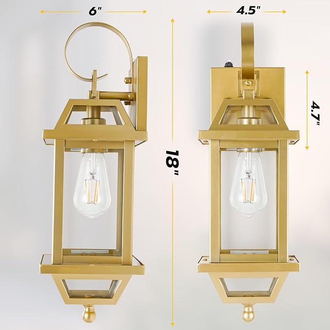 2-Pack Gold 18" Dusk to Dawn Outdoor Wall Lights, Large Golden Outside Modern Wall Light Fixtures, ETL Listed Outdoor Wall Sconces for Outside House Porch Patio