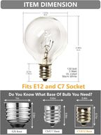 SUNSGNE G40 Replacement Light Bulbs, 5 Watt Clear Bulbs 1.5 Inch Globe Light Bulbs for Indoor Outdoor String Lights Replacement, Fits E12/C7 Screw Base Socket, 50 Pack