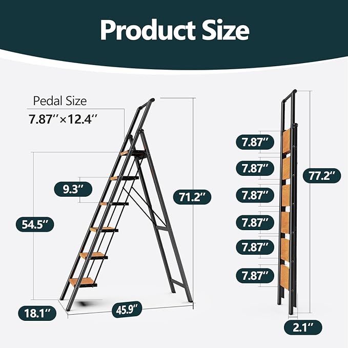 WOA WOA Step Ladder 6 Step Folding, Foldable Tall Ladder with Handrail, Aluminum Stepladder for High Ceilings, Lightweight, Deep Pedals, Anti-Slip Feet, Capacity 300 lbs - Black & Wood Grain