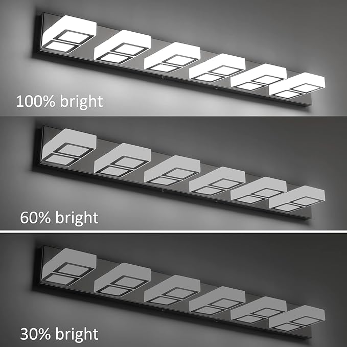 Ralbay Modern Chrome Bathroom Vanity Lights Dimmable 6 Lights Acrylic Stainless Steel Modern LED Vanity Light Fixtures for Bathroom Lighting Dimmable 6000K Cool White Light