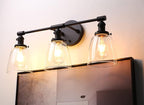 Phansthy 3-Light Wall Sconces Antique Brass Vanity Light, Industrial Wall Lamps with On Off Switch and Clear Glass Lampshade, Vintage Wall Lighting for Bathroom Living Room (Black, Bell Shade)
