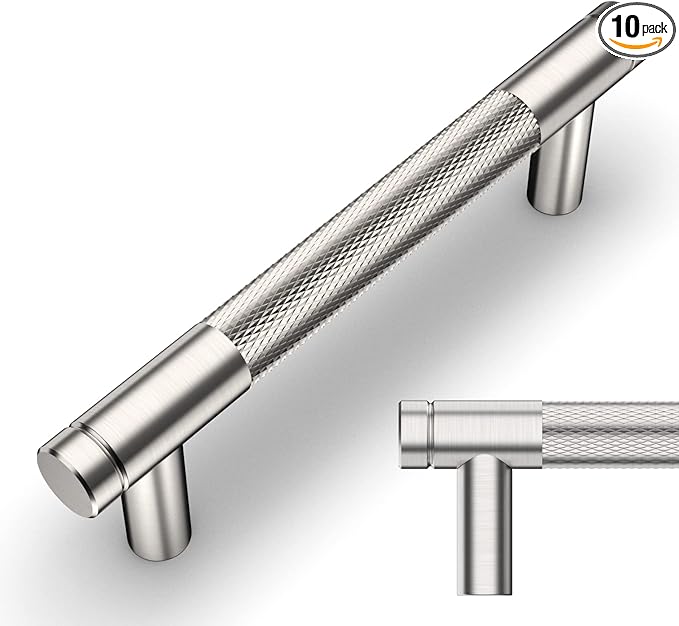 Amerdeco 10 Pack Brushed Satin Nickel Knurled Cabinet Pulls 3.75 Inch Center to Center Kitchen Cabinet Handles for Drawer Dresser, Cupboard and Wardrobe ZH0031