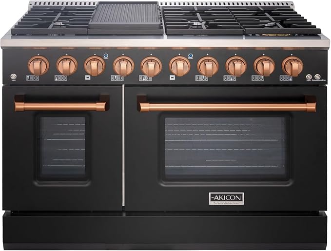 Akicon 48 Inch Freestanding Gas Range - 6.7 cu. ft. Double Rapid Convection Gas Oven - Gas Stove with 8 Sealed Burners & a Griddle, Heavy Duty Cast Iron Grates (Black & Copper)