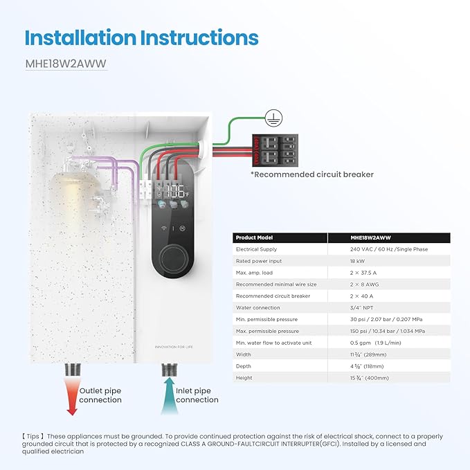 Midea 18KW Electric Tankless Water Heater, Touch Control, Wi-Fi Control, LED Display, Child Mode, 240 Volts with Automatic Power Modulation, On-demand Hot Water, White