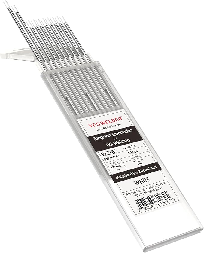 YESWELDER TIG Welding Tungsten Electrode 0.8% Zirconiated 1/8" x 7" (White, WZ8/EWZr-0.8) 10-pk