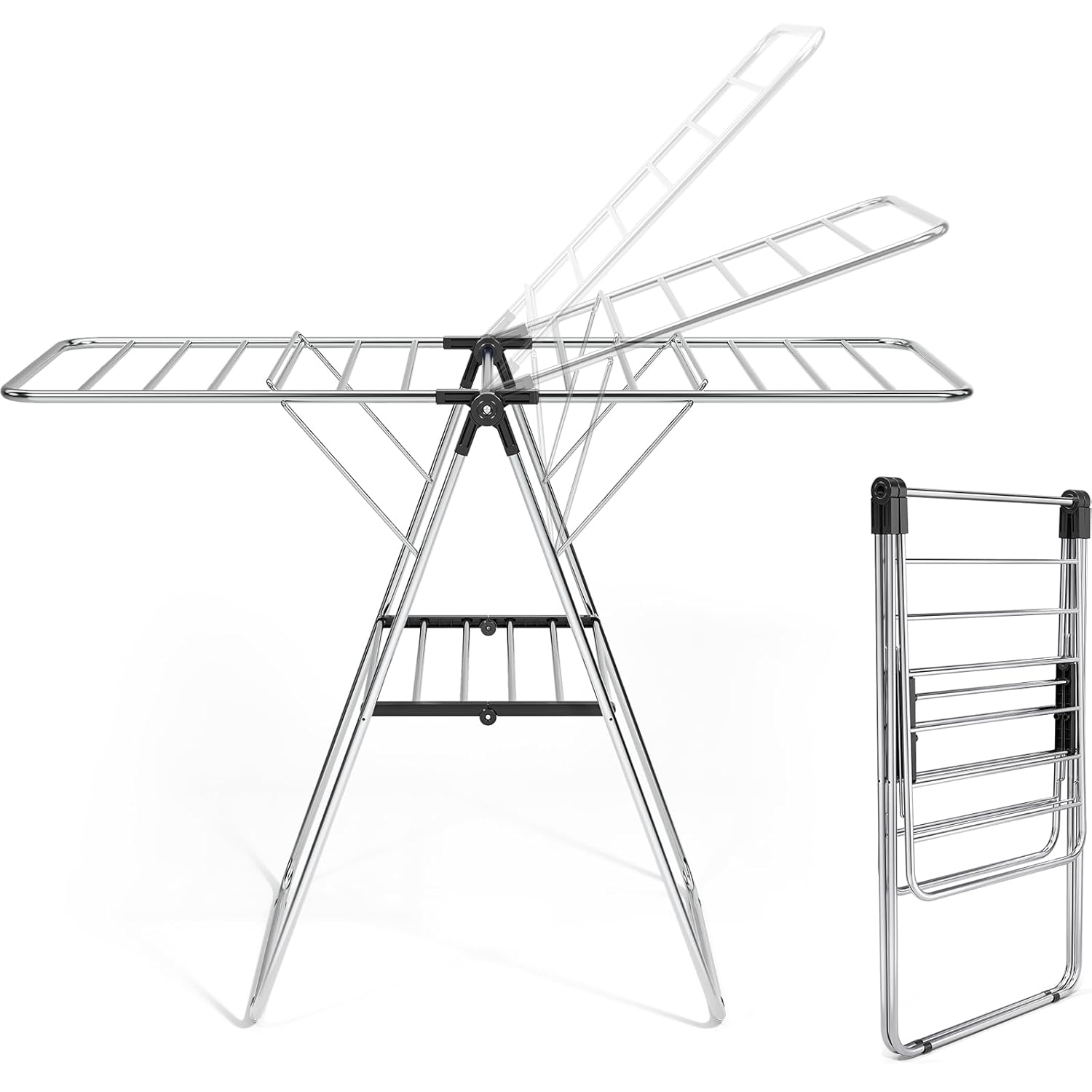 APEXCHASER Clothes Drying Rack, Drying Rack Clothing with Height-Adjustable, Foldable Gullwings Laundry Rack, Indoor Outdoor Use, No Assembly,Black