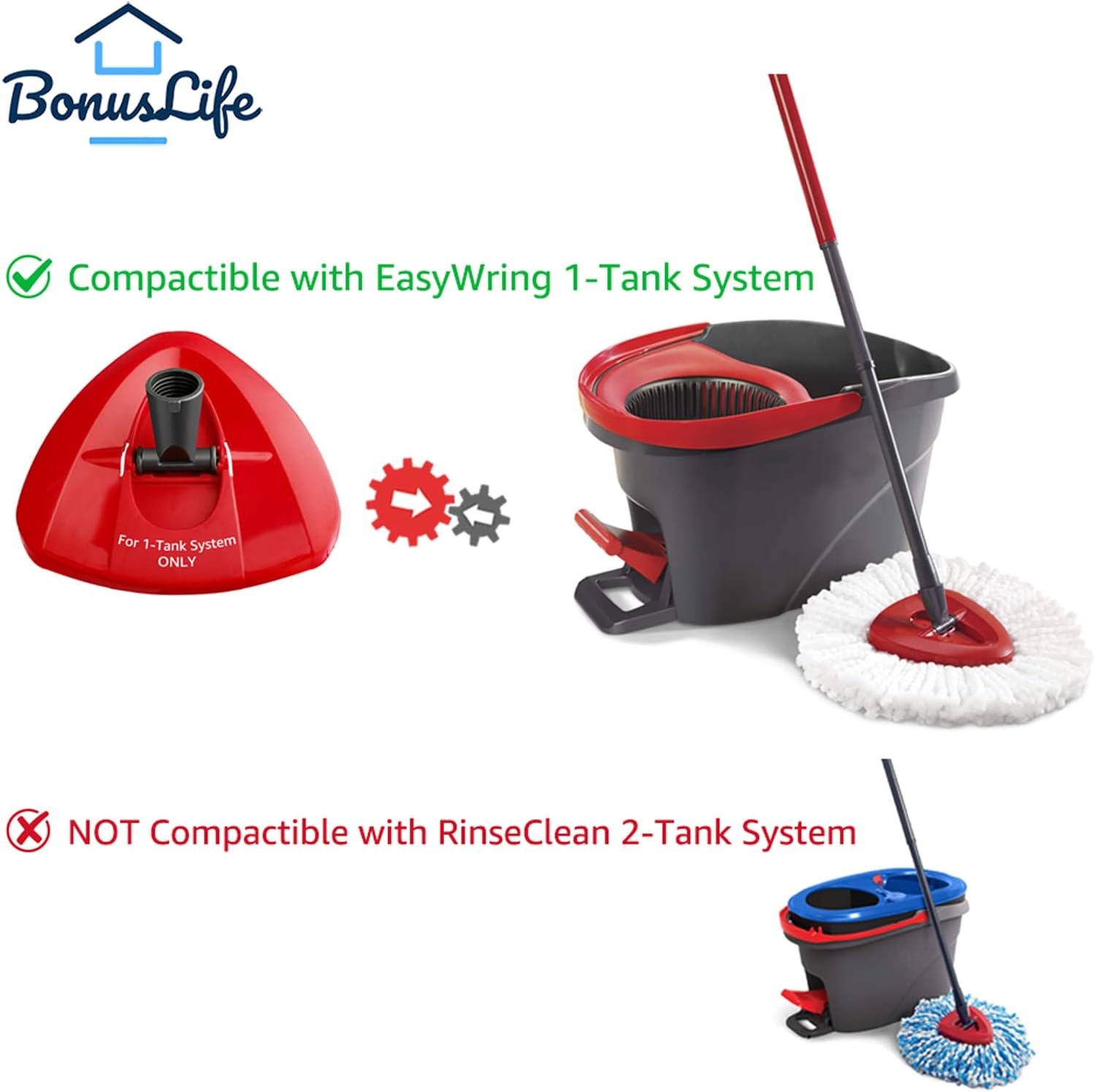 BonusLife 4-Pack Mop Refills and 1 Mop Head Base Part for 1-Tank EasyWring Spin Mop Replacement