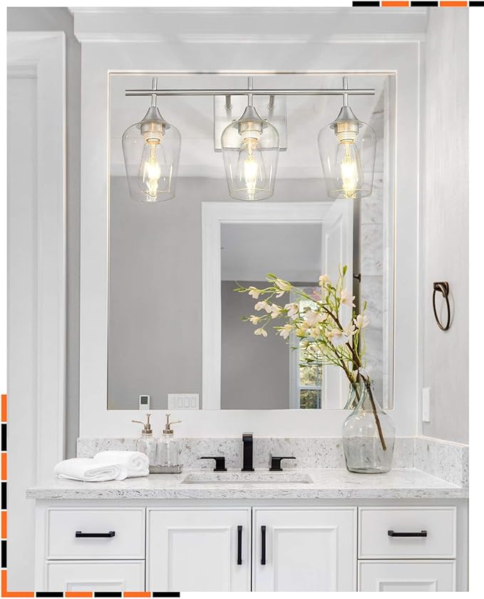 3 Light Bathroom Light Fixtures Over Mirror, 21 Inch Brushed Nickel Bathroom Vanity Lights, Modern Farmhouse Bath Wall Sconces with Clear Glass Shade, WL9167-3C