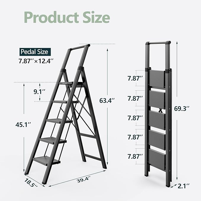 WOA WOA 5 Step Ladder for 10 Feet High Ceiling, Lightweight Foldable Ladder with Non-Slip Wide Pedals, Step Stool with Safe Handrail, Space Saving for Home, Kitchen, Indoor & Outdoor 300lbs - Black