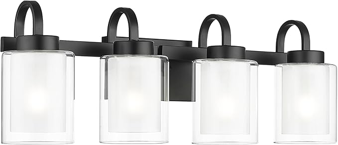TENGXIN 4-Light Bathroom Light Fixtures, Matte Black Vanity Lights Over Mirror, Farmhouse Wall Sconces with Dual Glass Shade, Modern Wall Lamp for Bathroom Hallway Living Room Cabinet,TXVLBK03