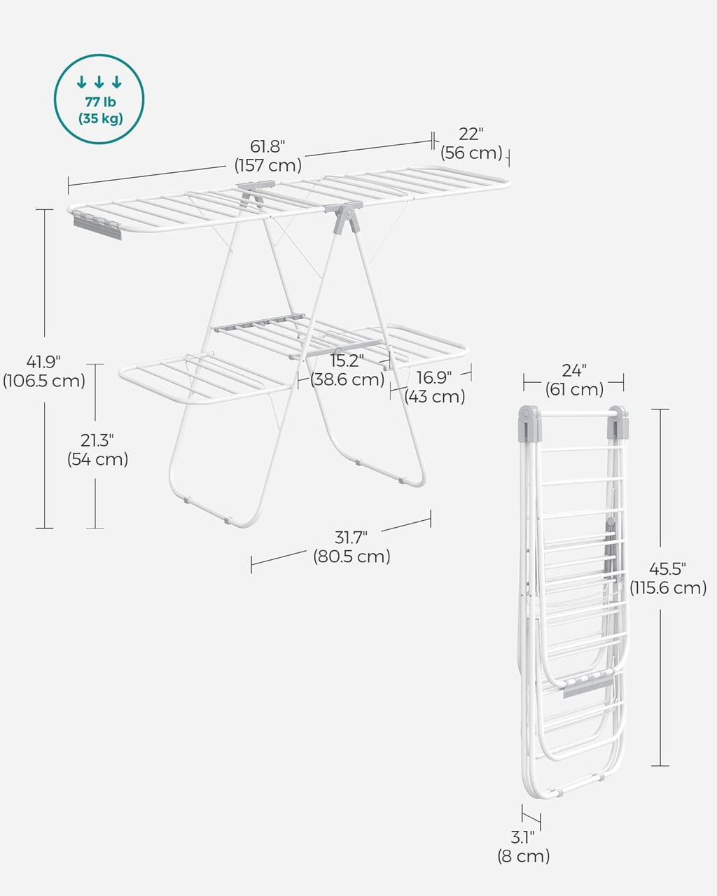 SONGMICS Clothes Drying Rack, Foldable 2-Level Laundry Drying Rack, Free-Standing Laundry Airer, with Height-Adjustable Wings, 33 Drying Rails, Sock Clips, White and Gray ULLR053G01V1