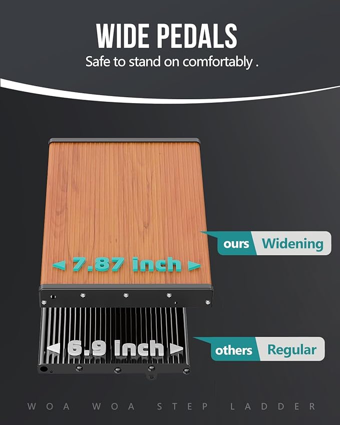 WOA WOA Step Ladder, Widening Pedals for Extra Balance, Lightweight Step Stool, Easy to Move Around, Foldable Ladder, Space Saving, Anti-Slip Stepladder 300 lbs Capacity (2 Step, Black & Wood Grain)