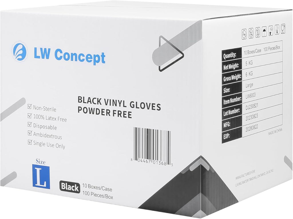 LW Concept - Black Vinyl Gloves, Disposable Non-Sterile Latex-Free Powder-Free Glove